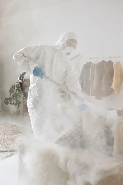 Person in protective suit disinfecting a white table indoors with a sprayer.